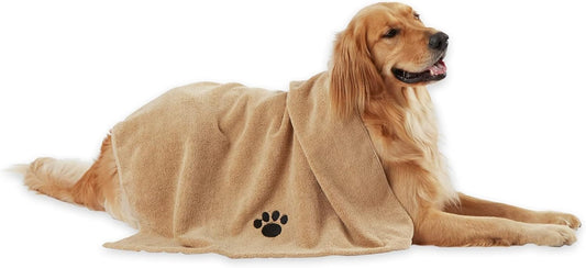 Pet Grooming Towel Collection Absorbent Microfiber X-Large, 41X23.5", Embroidered Taupe